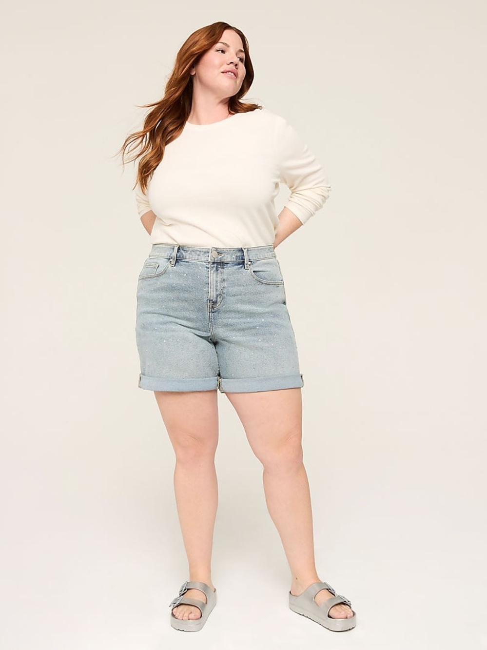 Lane Bryant Women's Plus Size 24 Light Wash Denim Shorts with Rhinestones